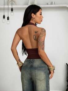 Coolane Women's Spring/Summer  Concert Outfit Rave Outfit Festival Going Out Y2K Sexy Beach Outfits  Tropical Vacation Dark Brown  V-Neck Jumpsuits - Coffee Brown - View 3