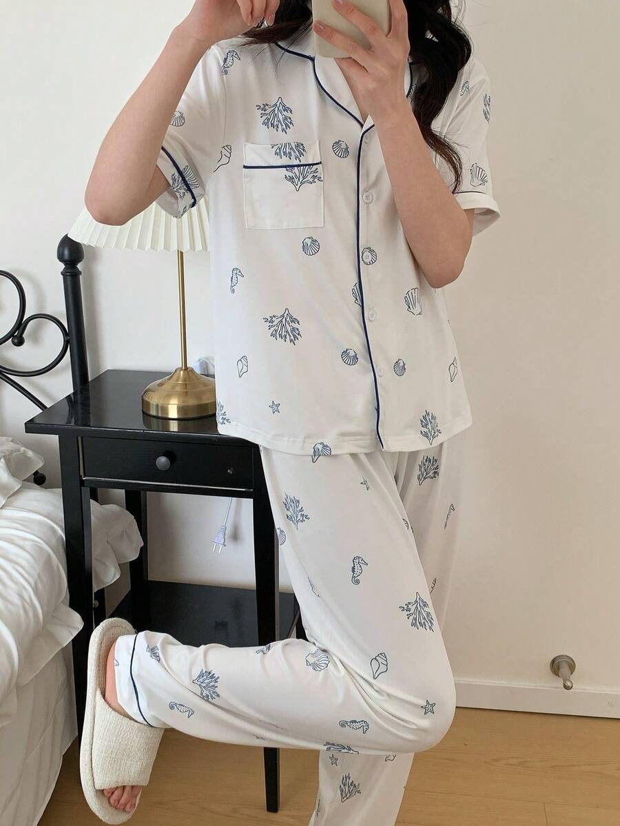 两件套女士休闲宽松短袖上衣和裤子套装，简约日常家居服 - 白色 - 查看 1