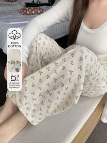 Dazy Plus 时尚优雅碎花印花宽松直筒睡裤，家居服下装 - 杏色 - 查看 9