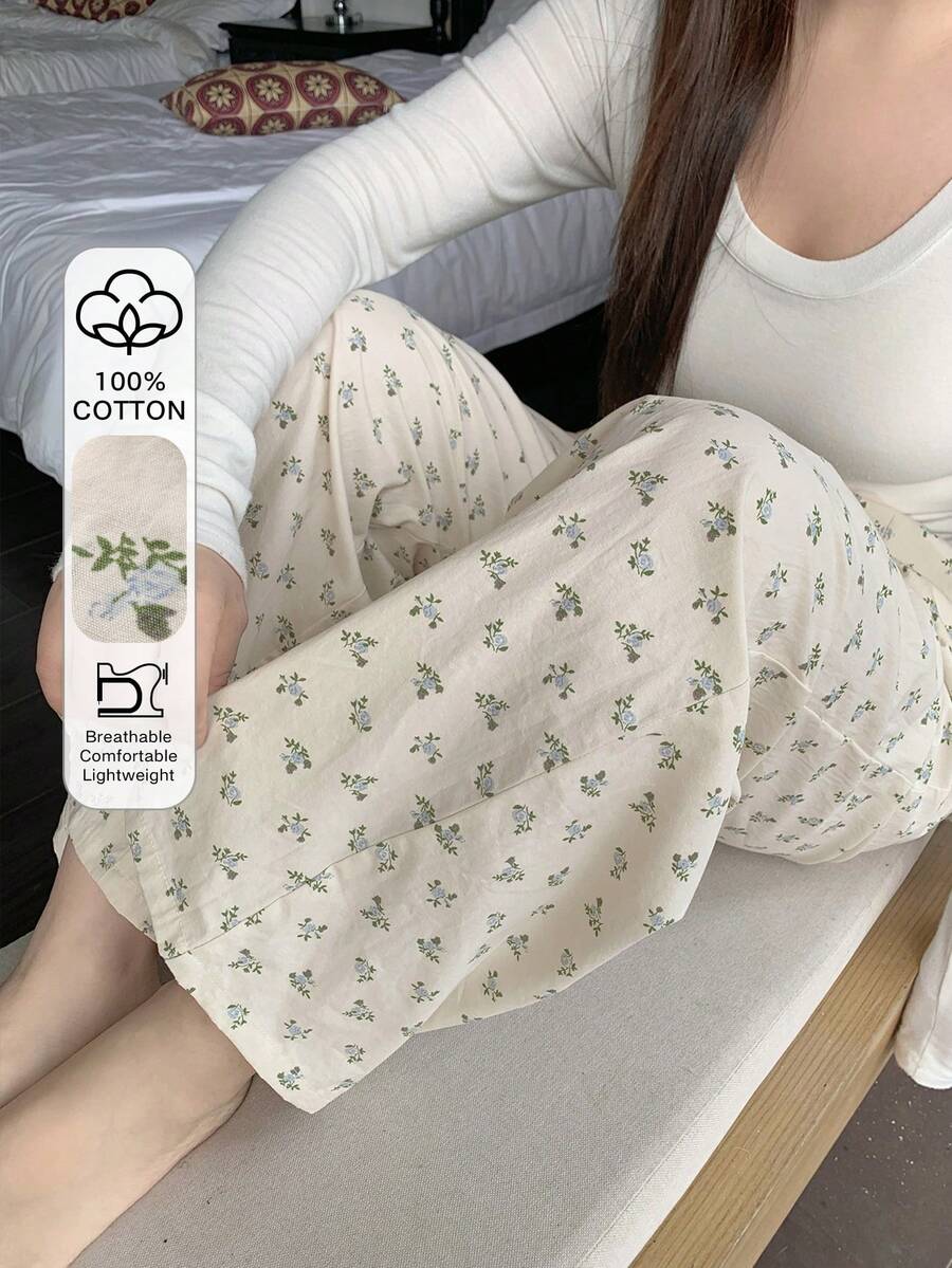 Dazy Plus 时尚优雅碎花印花宽松直筒睡裤，家居服下装 - 杏色 - 查看 1