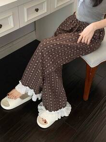DAZY Striped & Floral All-Over Print Contrast Ruffle Trim Loose Women Pajama Bottoms - Coffee Brown - View 6