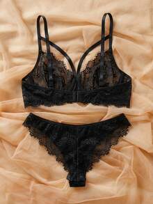 SHEIN 2pcs/Set Lace Solid Color Sexy Women's Underwire Bra Set - Black - View 2
