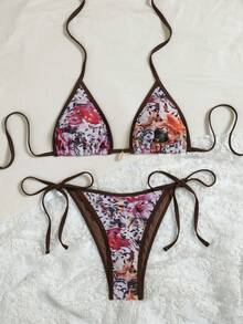 Swim Vcay Women's Random Floral Print Tie-Up Triangle Top And Side Tie Triangle Bottom Sweet Bikini Set, Summer Beach - Multicolor - View 3