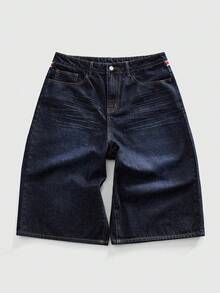 ROMWE MEN Grunge Punk 男士休闲日常牛仔短裤，带口袋，部分印有国旗图案 - 藍色 - 查看 10