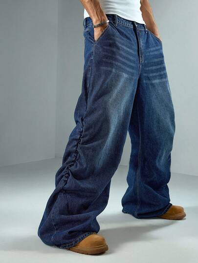 Street Life Pantaloni casual in denim lavato con gamba ampia, pieghe e tasche, adatti per uso quotidiano