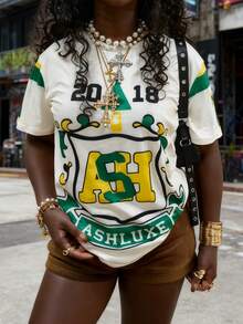 Rovax Y2K街头嘻哈几何数字印花宽松女式圆领T恤 - 卡其色 - 查看 3