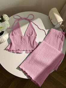 Elamini Textured Fabric Pleated Halter Top And Wide Leg Pants Set - Pink - View 2