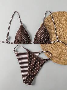 Swim Mod 2pcs/Set Women Striped & Polka Dot Reversible Casual Swimsuit Set