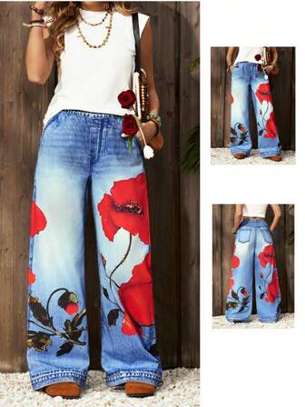 EMERY ROSE Women's Casual Retro Floral Print Wide Leg Jeans Winter New Year