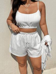 Sunnyshic Conjunto de verano informal de lino blanco para mujer de talla grande - Blanco - Ver 6