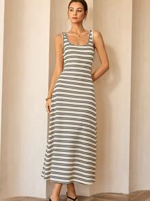 Robe longue minimaliste Lymera, nouvelle mode décontractée, généreux design col en U, texture à rayures bicolores noir et blanc, tissu bicolore apricot - Multicolore - Voir 7