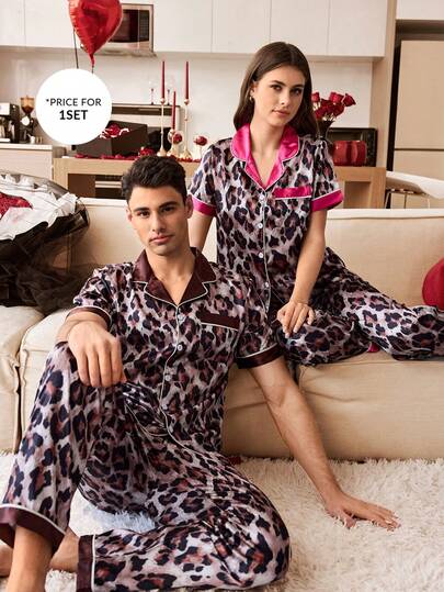 SHEIN 仿丝绸豹纹印花滚边开衫睡衣套装