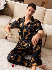 CoupledUp 可爱小熊印花撞色翻领男士家居服 - 黑色 - 查看 5