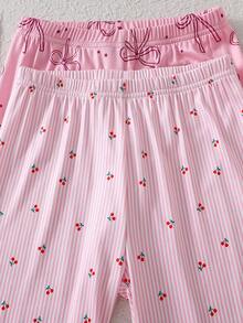 Conjunto de pijama ajustado de manga corta con estampado de cerezas y lazos a rayas rosas para niñas, de estilo casual y lindo - Rosa - Ver 4