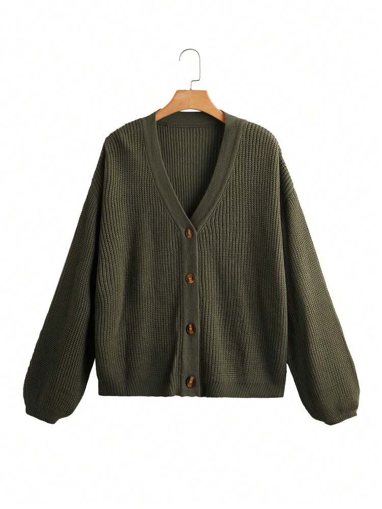 White Lantern Sleeve Button Front Ribbed Loose Knit Cardigan, Spring/Summer