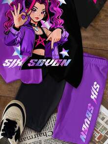 少女休闲韩流女团字母星形印花圆领短袖T恤短裤套装，适合度假、派对、日常穿着、演唱会等场合，夏季圆领T恤短裤两件套 - 彩色 - 查看 6