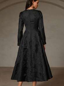 BELROSIE Elegant Vintage Style Round Neck Long Sleeve Waist Cinched Jacquard Flared Dress - Black - View 6
