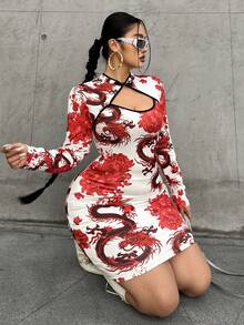 Sunspun Elegant Y2K Chinese Style Dragon Print Slim Fit Knee-Length Cheongsam Dress, Plus Size, Red Chinese Outfit Women Red And White Dress Women Asian Inspired Apparel Dragon Print Dress - Multicolor - View 3