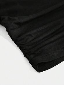 SHEIN Áo hai dây dáng ôm, cổ tròn, tay ngắn, nhún bèo, phối lưới, màu trơn, thanh lịch, thích hợp cho bé gái tuổi teen, đi học, tốt nghiệp, hoặc dự tiệc Halloween. - màu đen - Xem 3