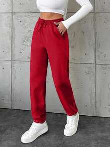 EURMUSE Cotton Women's Drawstring Waist Pocket Jogger Pants - Red - View 5