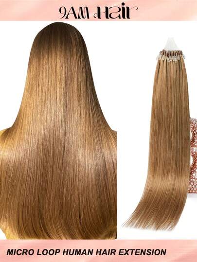 微环接发，100%真人发，6号色至浅棕色，14-22英寸直发，50束/包，隐形珠加厚微环接发，带鱼线，无需胶水，易于造型，适合细软发质，沙龙级效果，所有女性适用。