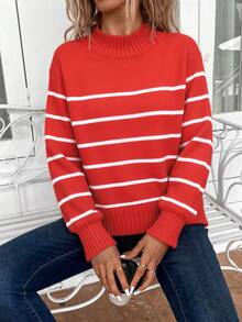 Suéter de manga larga para mujeres - color de choque, hombros caídos, cuello redondo, manga larga, color sólido, ideal para usar en otoño / invierno | regalo de cumpleaños de Navidad - Rojo - Ver 1