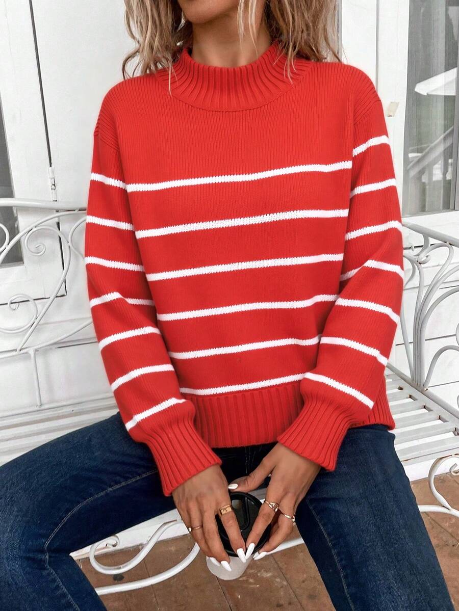Suéter de manga larga para mujeres - color de choque, hombros caídos, cuello redondo, manga larga, color sólido, ideal para usar en otoño / invierno | regalo de cumpleaños de Navidad - Rojo - Ver 1