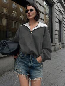 Livesso Áo sweatshirt dài tay cổ bẻ phối màu dành cho nữ, kiểu dáng thường ngày, đa năng cho du lịch và giải trí, thích hợp cho mùa thu/đông. - Màu xám đen - Xem 2
