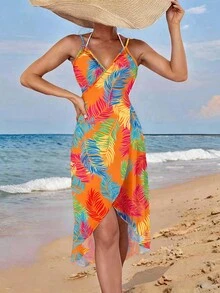 Swim Vcay Beach Dresses For Women Women's Tropical Plants Print Beach Cover Up Summer, Carnival - Multicolor - View 4