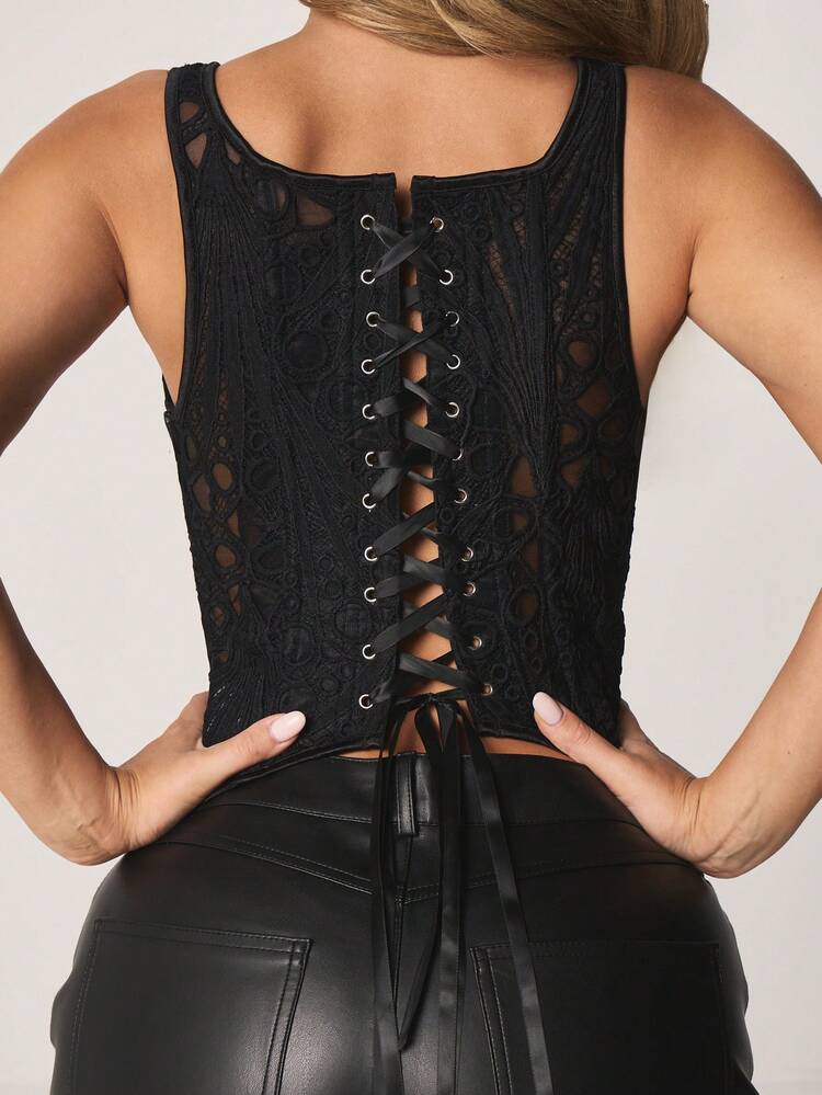 MISSGUIDED Black Lace Crochet Tank Top With Scoop Neckline And Back Lace Up Detail For Fall Winter Layering