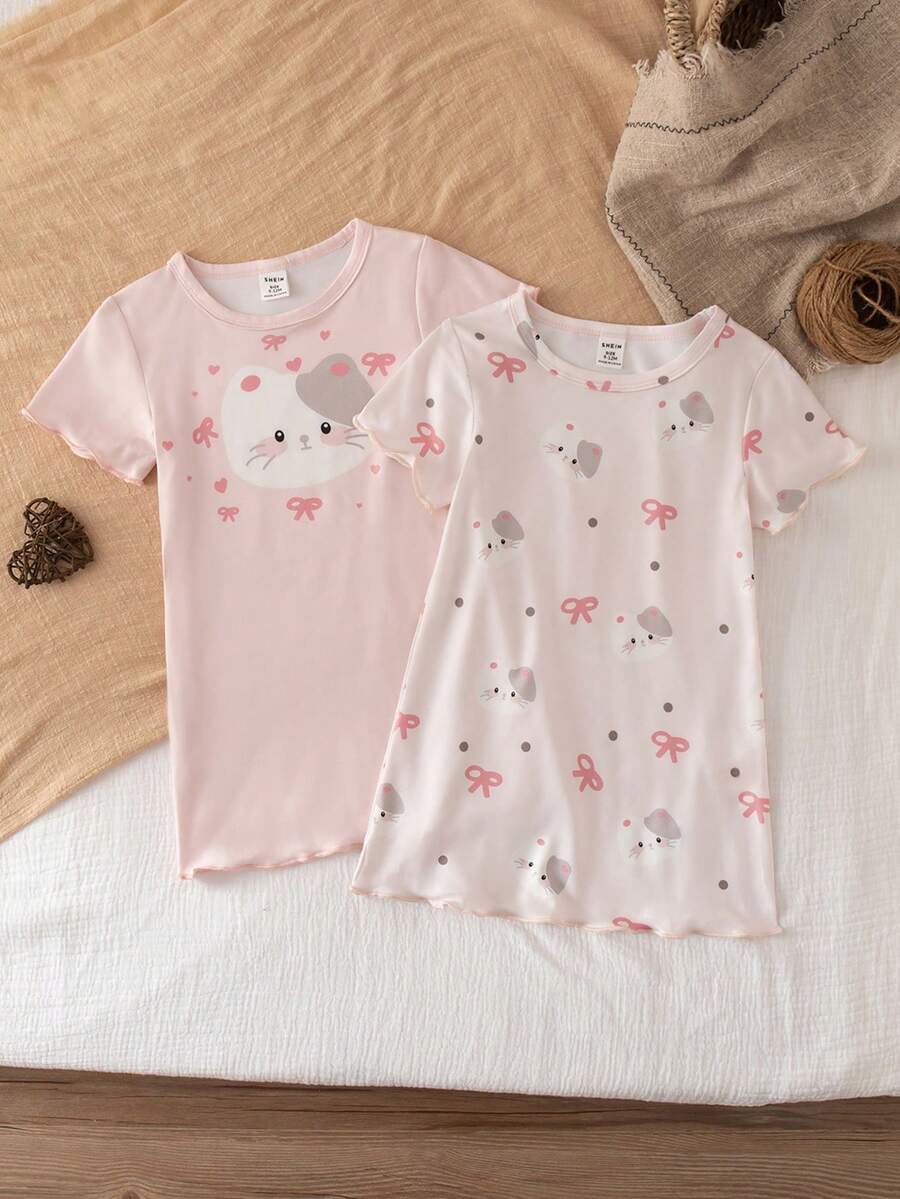 2pcs Baby Girl Spring/Summer Round Neck Short Sleeve Dress Set, Knitted Cute Kitty Print Dress & Trim Outfit, Fashionable & Versatile Sleepwear, Soft & Skin-Friendly - Multicolor - View 1