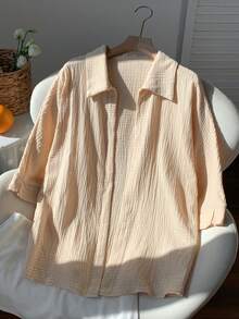 SHEIN EZwear 女裝夏季純色紋理蝙蝠袖休閒襯衫 - 米色 - 查看 4