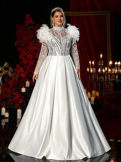 Glamrae Plus Size Elegant Romantic Palace Style White High Collar Long Sleeve Sheer Hollow Luxury Beaded Patchwork A-Line Wedding Dress With Backless Tie Decoration