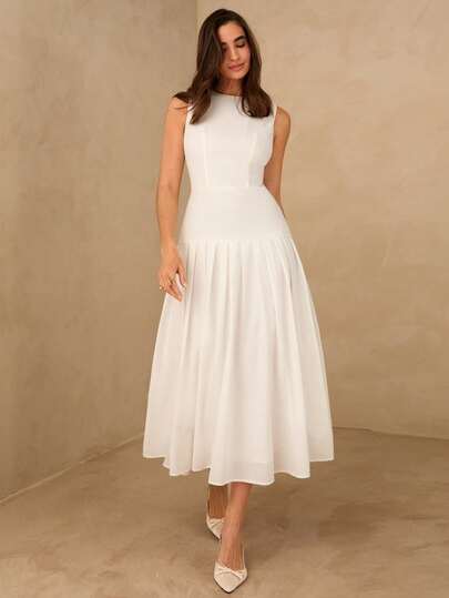 Enchnt Vestido casual de mujer de unicolor con cuello redondo, bajo plisado y sin mangas