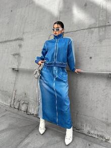 POPSWAY Setelan Jaket Lengan Lebar untuk Wanita Ukuran Plus + Gaun Bodycon dengan Tali Bahu Tipis untuk Musim Gugur - Biru - View 2