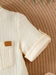 SHEIN 1件男婴白色短袖按扣连体衣，柔软舒适休闲连体裤，适合居家、户外、旅行、春夏穿着 - 白色 - 查看 4