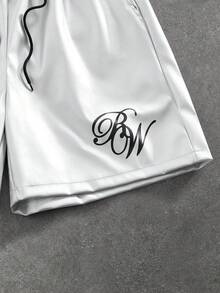 ROMWE MEN Street Life Pantalones cortos de hombre con estampado de letras, cintura con cordón y PU brillante plateado - Plateado - Ver 11