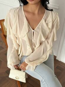 Flirla Casual Elegant Romantic Ruffle Trim V-Neck Loose Flattering Long Sleeve Plus Size Women Blouse, Apricot Color - Apricot - View 2