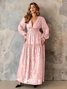Roveilla 大码优雅法式提花V领褶皱连衣裙，派对装 - 粉色 - 查看 6