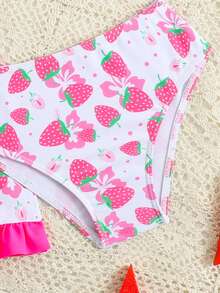 SHEIN 4pcs/Set Young Girls Swimsuit Set, Spring/Summer Beach Swimwear Set, New Arrival. Includes Spaghetti Strap Swimsuit Top, Bottoms, Cover-Up Skirt, And Sun Hat. Adorable Strawberry Pattern Makes Girls Cuter, Ruffled Hem Adds Sweet And Lovely Touch. Strawberry Pattern Is Very Cute. Strawberry Bathing Suit Girls 2 Piece Swim Suits One Piece Of Bathing Suit Fruit With Skirt Kid Kids Strawberry Swimsuit - Hot Pink - View 4