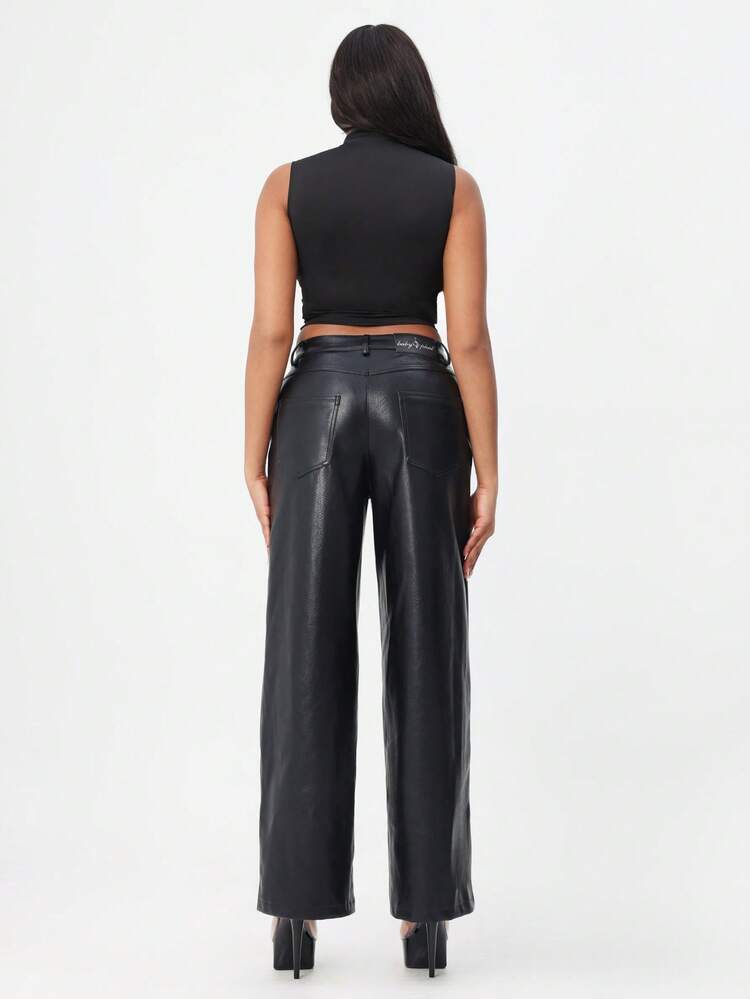 BABYPHAT Pantalones de pernera ancha de imitación de cuero con bordado floral, pantalones de talle alto con estilo alternativo gótico de moda para otoño e invierno