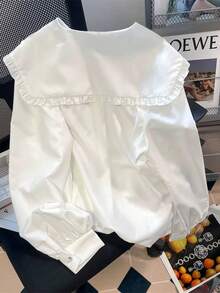 GlowEve CURVE 大码花卉刺绣装饰长袖荷叶边领可爱衬衫 - 白色 - 查看 2