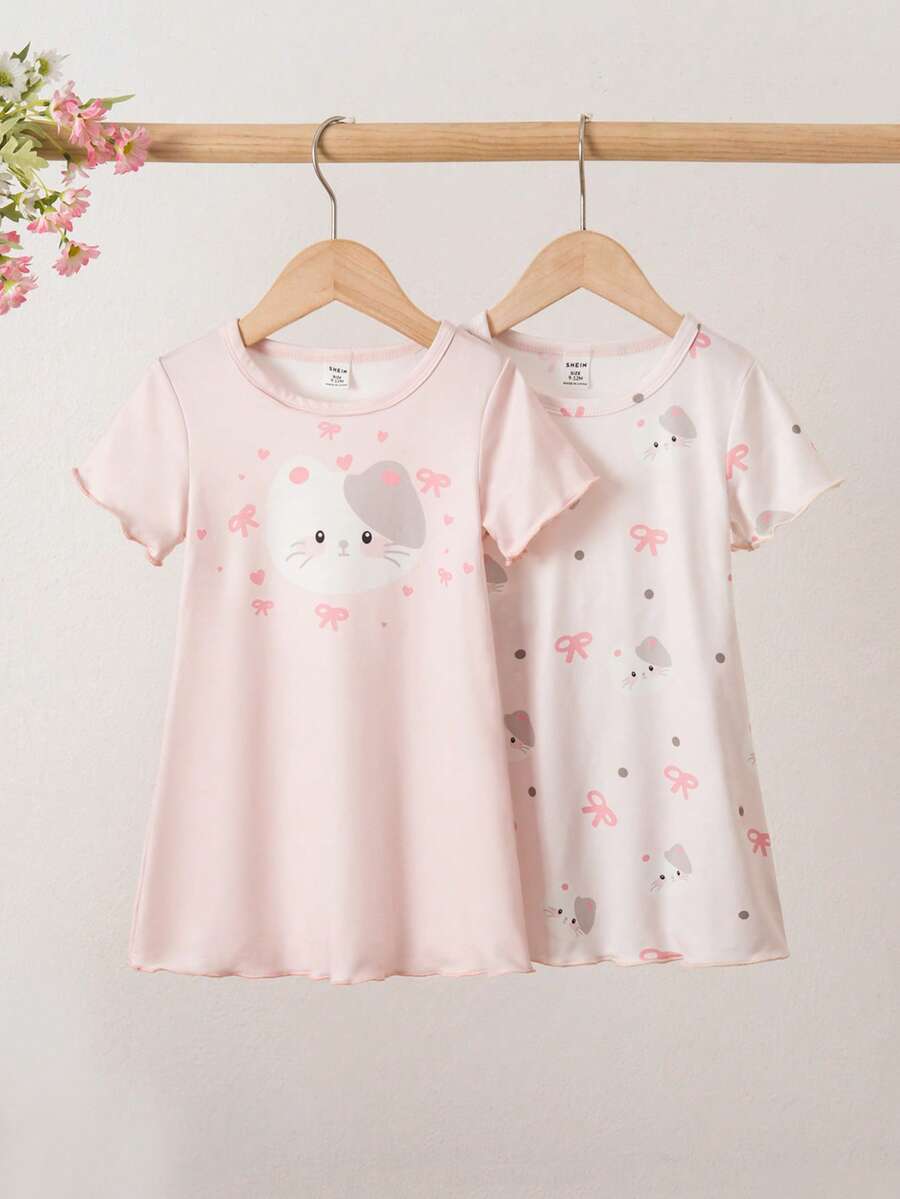 2pcs Baby Girl Spring/Summer Round Neck Short Sleeve Dress Set, Knitted Cute Kitty Print Dress & Trim Outfit, Fashionable & Versatile Sleepwear, Soft & Skin-Friendly - Multicolor - View 1