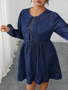 Elenzga 大码女式休闲抽绳荷叶边牛仔连衣裙 - 藍色 - 查看 5