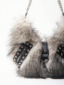ROMWE Grunge Punk Ladies, Women Shoulder Bag,Hobo Bag,Faux Fur,Fuzz,Plush Bag,Rivet,Fashionable,Personalized,Versatile,Street,Sweet And Cool Girls,Hot Girls,Punk,Y2k,Daily,Autumn And Winter(Random Pattern) - Black apricot - View 3