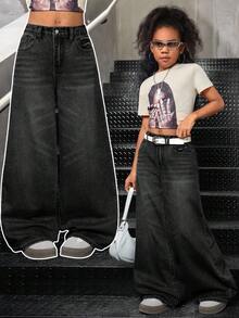 SHEIN Quần jean denim ống rộng cạp cao, họa tiết ngôi sao, tua rua, rách nhẹ, kiểu dáng thời trang Y2K thập niên 90 dành cho bé gái, gấu quần cắt thô và túi xéo, phong cách thường ngày thoải mái, tối giản, thiết thực, đa năng, chất liệu mềm mại, thích hợp cho mùa thu đông, đi học, lễ hội, thời trang đường phố. - màu đen - Xem 1