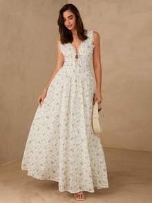 Enchnt New Arrival Spring/Summer Romantic V-Neck Tie Waist-Cinching Fashionable Yellow Flowers Embroidered Dress,Chic&Elegant For Date&Going Out&Vacation&Valentine's Day&Beach Dress, Women Vacation Outfits Women ,Outfits Beach Dress Beach ,Holiday Outfit For Women,Elegant Dresses For Women - Multicolor - View 6