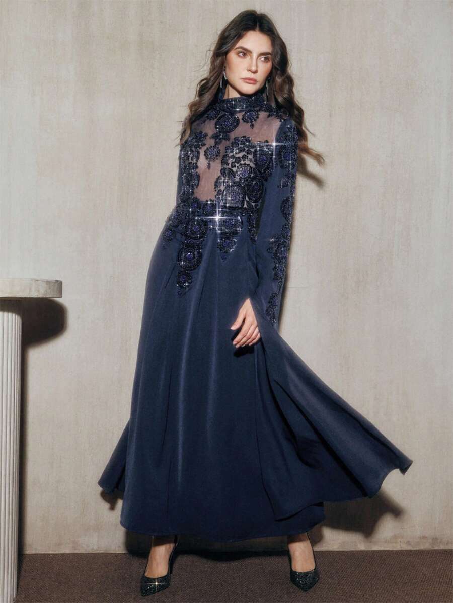 Anewsta 女士新款哥特风雪纺串珠高领高端派对礼服 - 藏蓝色 - 查看 1