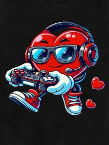 SHEIN GraphicGems Áo thun ngắn tay cơ bản, thoải mái, phong cách, sáng tạo, cá tính, tươi mới, tối giản, in hình nhân vật hoạt hình trái tim, máy chơi game, kính râm, thích hợp cho ngày Valentine, dành cho bé trai tuổi teen. - màu đen - Xem 5