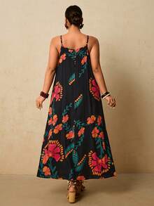 Travachic 大码女式黑色热带花卉印花连衣裙，无袖宽松版型，带口袋 - 黑色 - 查看 2